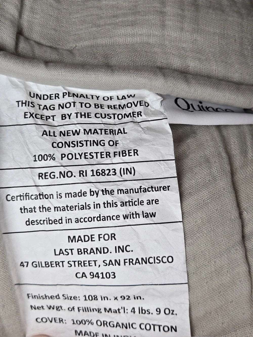 NWT QUINCE Organic Cotton Gauze Box Quilt Set King/Cal King Light Grey 0473